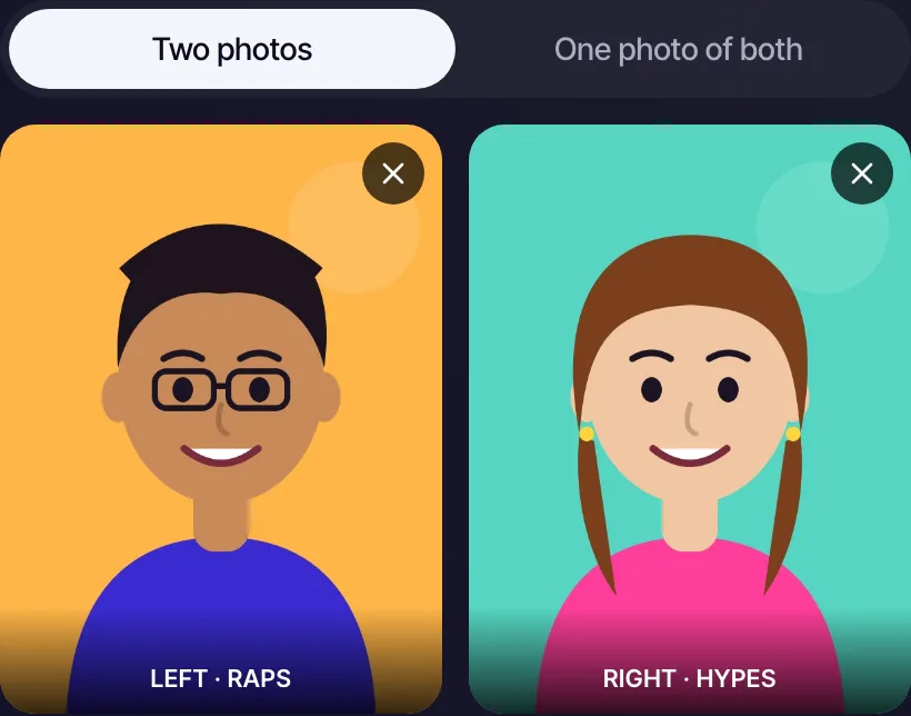RapVideo editor: two photo slots, left raps and right hypes